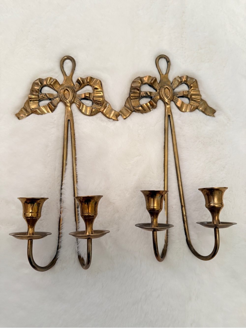 Vintage Brass Bow Wall Sconce Pair (Beautiful Patina)